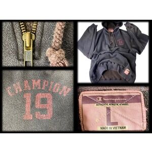 VTG Y2K Champion Hoodie Large 1/4 Zip Sweatshirt Faded Black Grunge Distressed